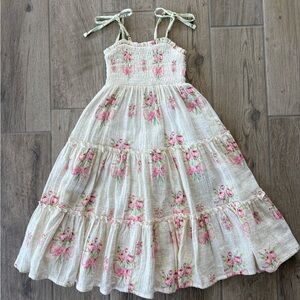 Sweet Honey Girls Floral Tie-Shoulder Tiered Sundress - Pink on Cream Size 3T